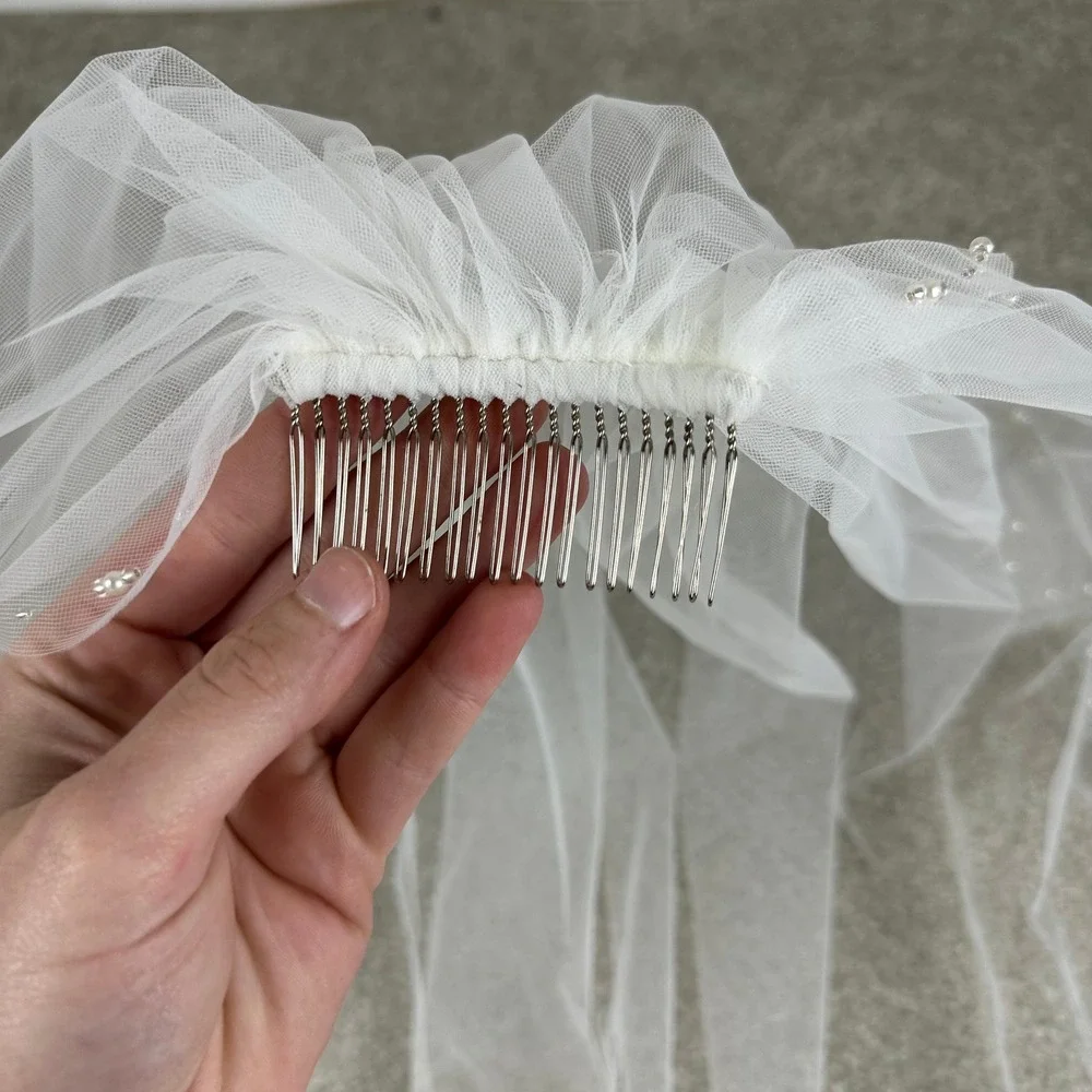 White Tulle Bridal Veil Pearl Beaded Scalloped Edge Fingertip Length Metal Comb